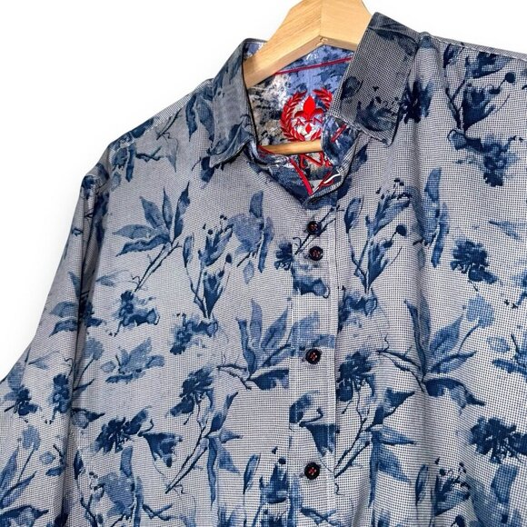 Au Noir Button Down Shirt Floral Size 5 Modern Classic Dress Shirt Navy Dryden - Picture 2 of 10